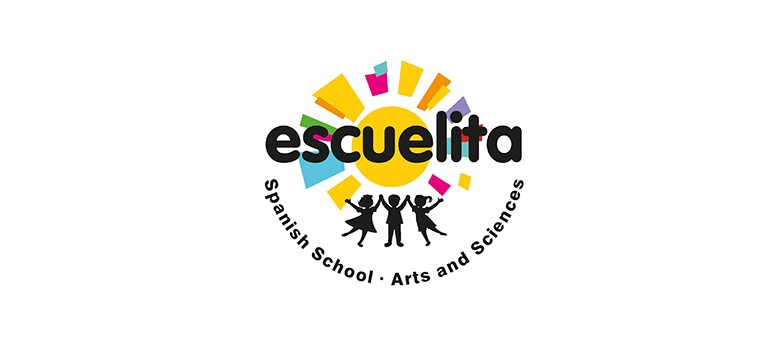 Escuelita Logo - graphic illustration of sillouetted children holding hands under a sun shining multiple colours