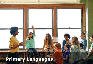 An informal class of school children are focussed on the speaking teacher one child has a raised hand