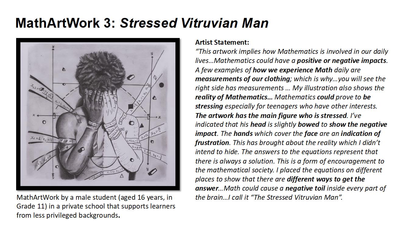 'Stressed Vitruvian Man', by Jubalani - a 16-year-old male artist - for the South African math-artwork project, with the supporting statement from his submission.